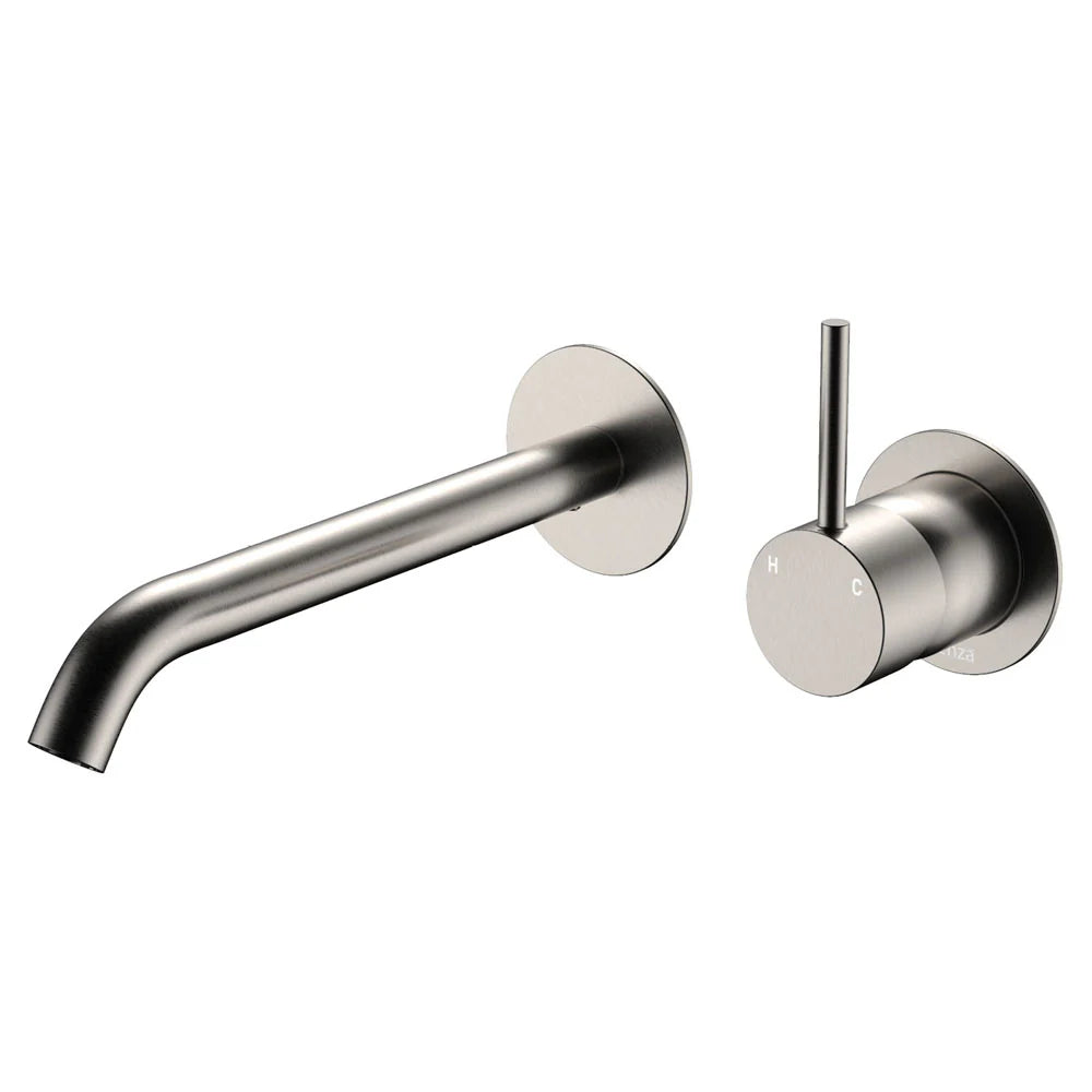 Fienza Kaya Up Basin/Bath Wall Mixer Set Round Plates 200mm Outlet Lead Free Brushed Nickel 228118BN-200-LF