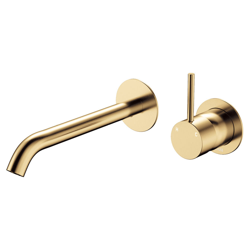 Fienza Kaya Up Basin/Bath Wall Mixer Set Round Plates 200mm Outlet Lead Free Urban Brass 228118UB-200-LF