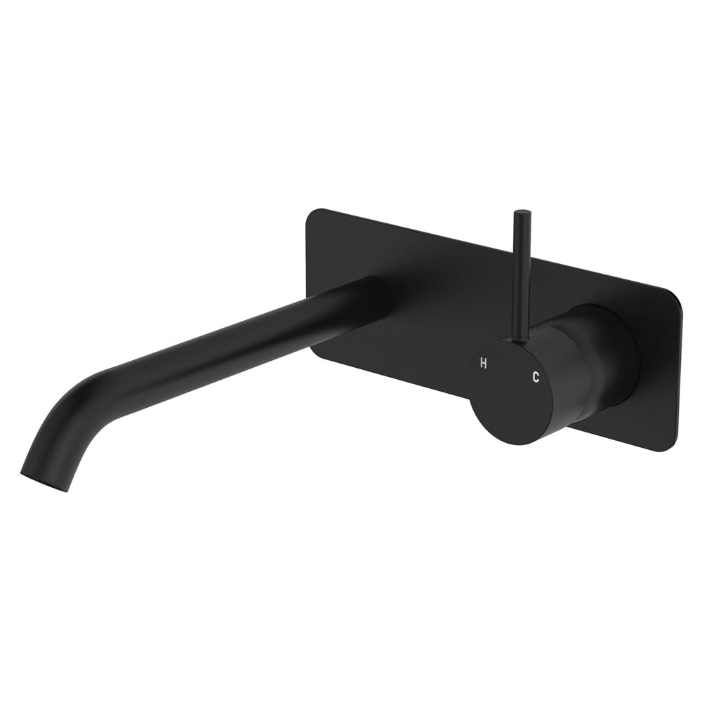 Fienza Kaya Up Basin/Bath Wall Mixer Set Rectangular Plate 200mm Outlet Lead Free Matte Black 228119B-200-LF