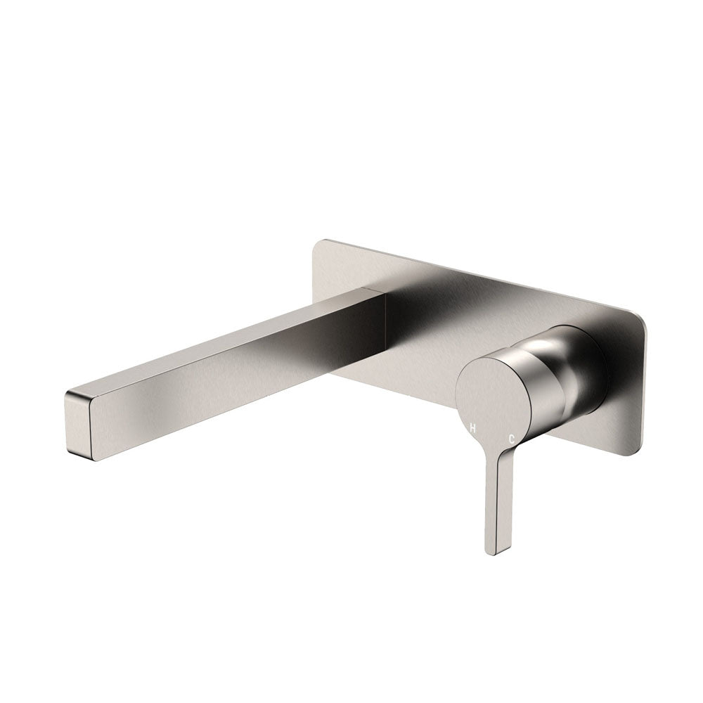 Fienza Sansa Wall Basin Mixer Set Square Plate 180mm Outlet Lead Free Brushed Nickel 229106BN-LF