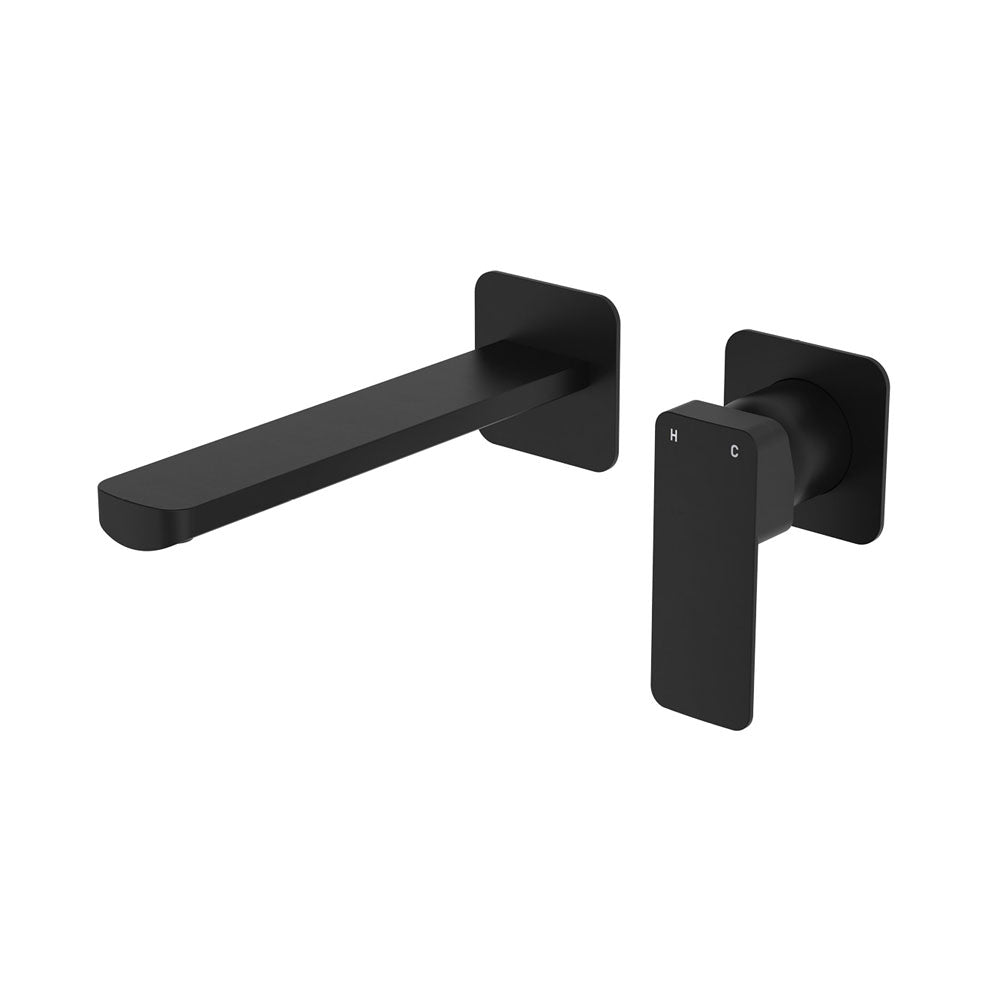 Fienza Tono Basin/Bath Wall Mixer Set 200mm Outlet Square Plates Lead Free Matte Black 233104B-200-LF