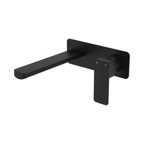 Fienza Tono Basin/Bath Wall Mixer Set 200mm Outlet Large Rectangular Plate Lead Free Matte Black 233106B-200-LF