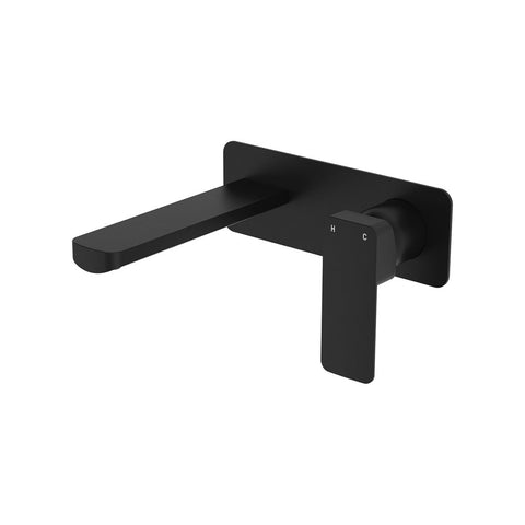 Fienza Tono Basin/Bath Wall Mixer Set 160mm Outlet Large Rectangular Plate Lead Free Matte Black 233106B-LF
