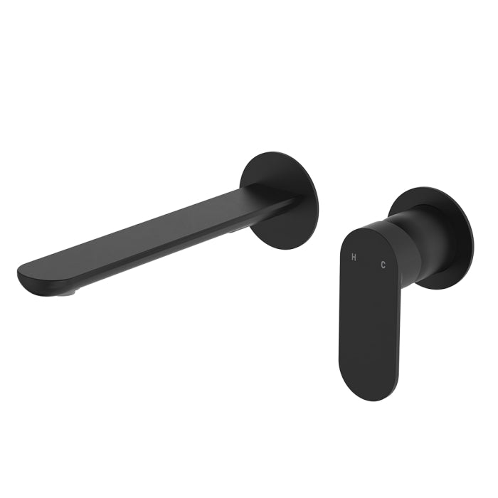 Fienza Empire Slim Basin/Bath Wall Mixer Set Round Plates 200mm Dress Kit Lead Free Matte Black D234104B-200-LF