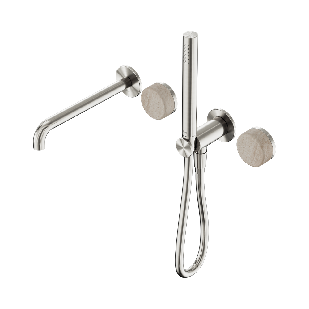 Nero Serenity Progressive Shower System 220mm Spout Slim Shower Trim Kit Only Rome Travertine Handle Brushed Nickel 24E081BN