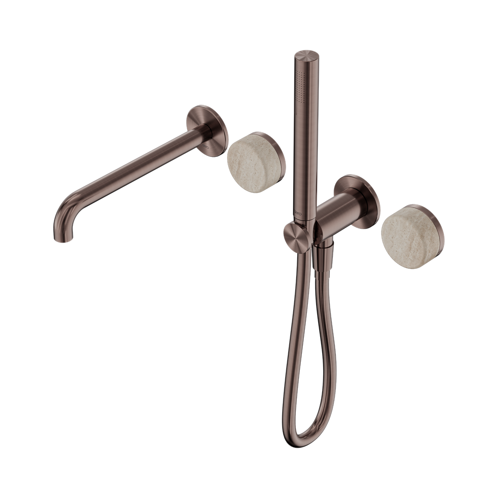 Nero Serenity Progressive Shower System 220mm Spout Slim Shower Trim Kit Only Rome Travertine Handle Brushed Bronze 24E081BZ