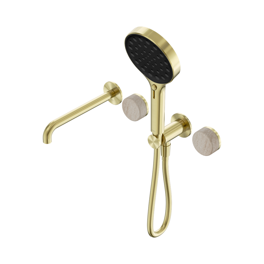 Nero Serenity Progressive Shower System 220mm Spout Serenity Shower Trim Kit Only Rome Travertine Handle Brushed Gold 24E087BG