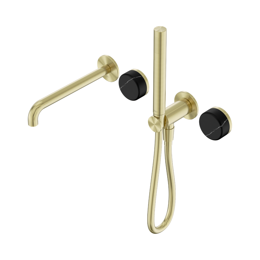 Nero Serenity Progressive Shower System 220mm Spout Slim Shower Trim Kit Only Marquina Black Handle Brushed Gold 24E121BG