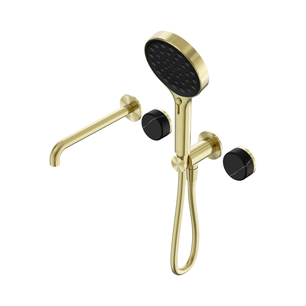 Nero Serenity Progressive Shower System 220mm Spout Serenity Shower Trim Kit Only Marquina Black Handle Brushed Gold 24E122BG
