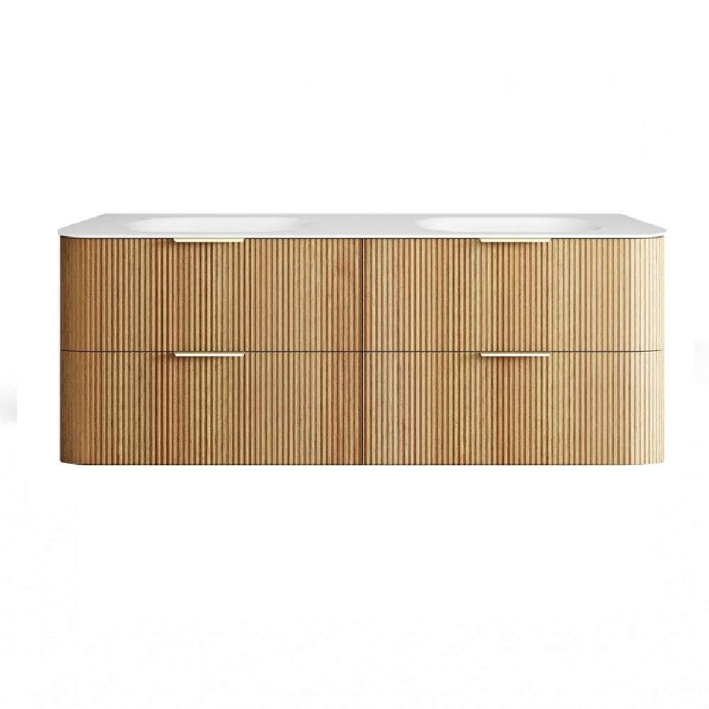 Otti Hanava Curve Fluted Wall Hung Vanity 1500mm Woodland Oak / Chloe Silk Top HAW1500LMT-CS