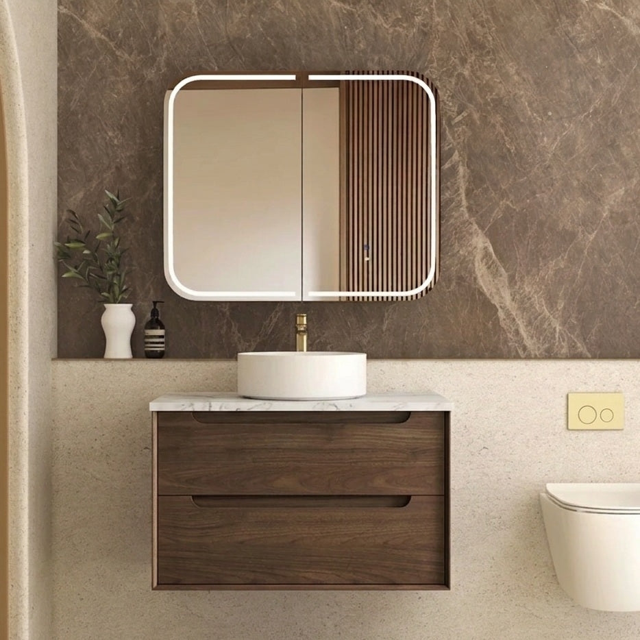 Otti Byron Wall Hung Vanity 750mm Sable Walnut / Natural Carrara Marble Top BY750SWSTUD-NCA