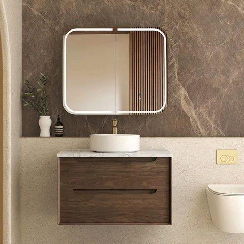 Otti Byron Wall Hung Vanity 750mm Sable Walnut / Natural Carrara Marble Top BY750SWSTUD-NCA