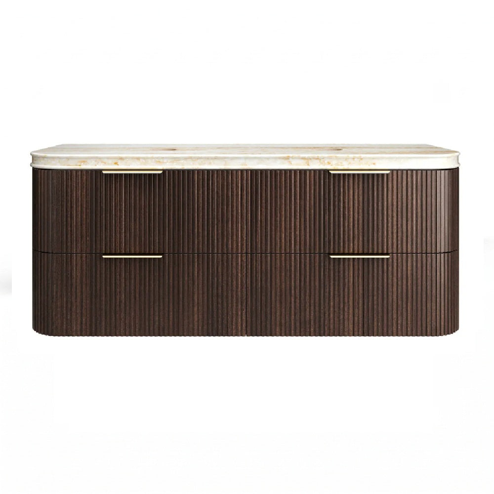 Otti Hanava Curve Fluted Wall Hung Vanity 1500mm Sable Walnut / English Edge 50mm Sand Dune Top HA1500SWST-SD