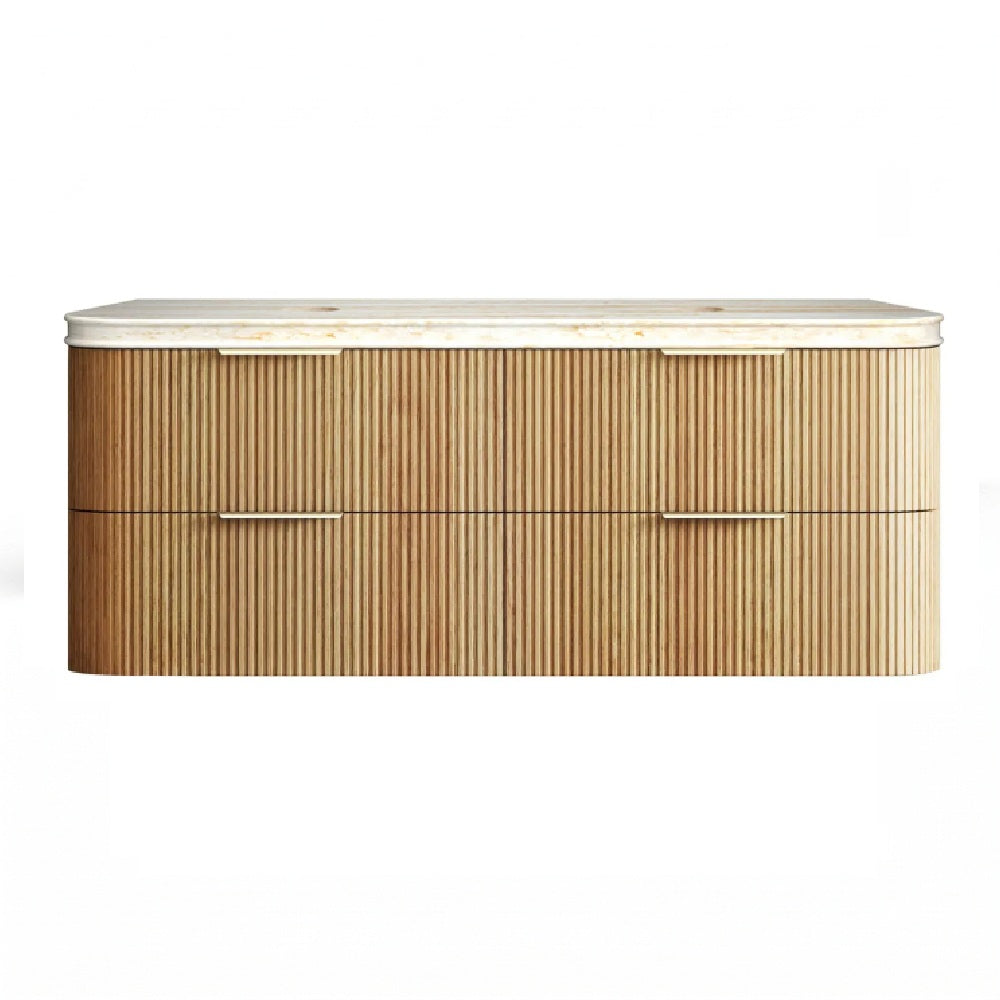 Otti Hanava Curve Fluted Wall Hung Vanity 1500mm Woodland Oak / English Edge 50mm Sand Dune Top HAW1500LST-SD