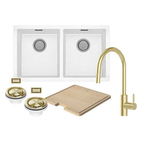 Phoenix Sink Package 2 - Double Bowl Matte White Sink & Brushed Gold Mixer 312-2038-12