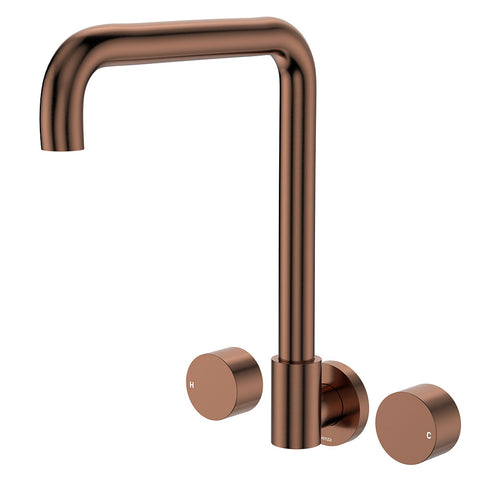 Fienza Kaya Round Taps Squareline Wall Outlet Set Lead Free Brushed Copper 338105CO-LF