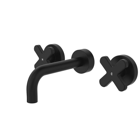 Fienza Kaya Cross Taps Wall Basin /Bath 130mm Outlet Set Lead Free Matte Black 343102B-130-LF