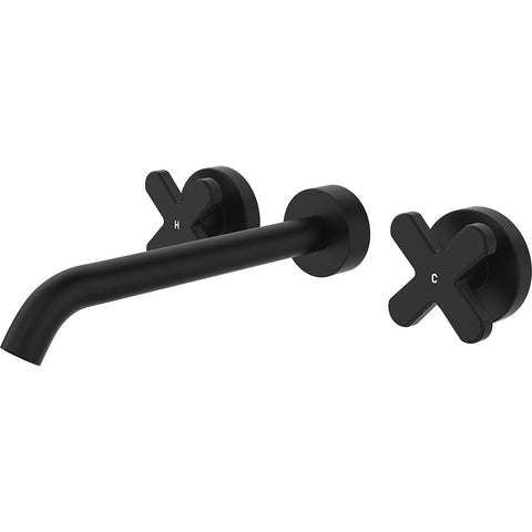 Fienza Kaya Cross Taps Wall Basin /Bath 220mm Outlet Set Lead Free Matte Black 343102B-220-LF