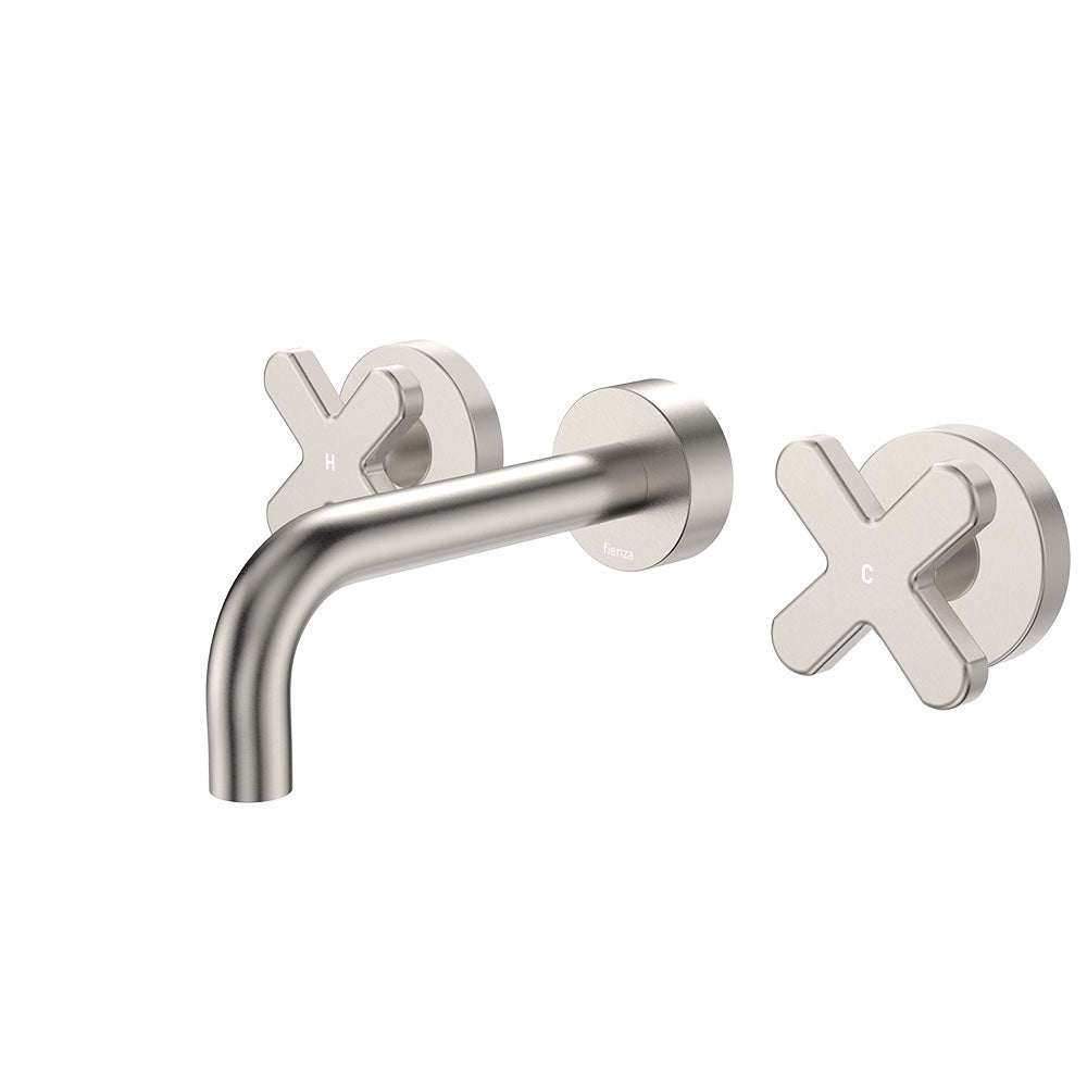 Fienza Kaya Cross Taps Wall Basin /Bath 130mm Outlet Set Lead Free Brushed Nickel 343102BN-130-LF