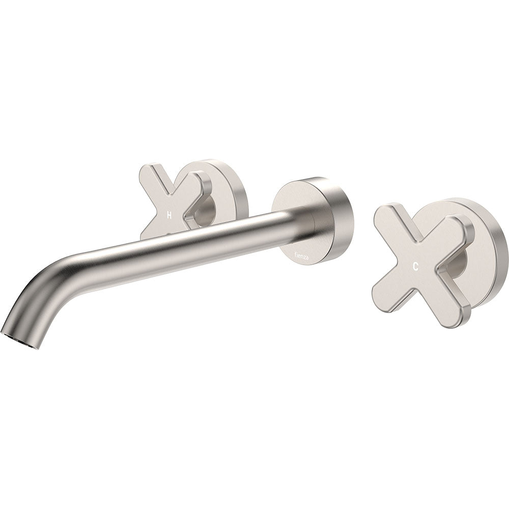 Fienza Kaya Cross Taps Wall Basin /Bath 220mm Outlet Set Lead Free Brushed Nickel 343102BN-220-LF