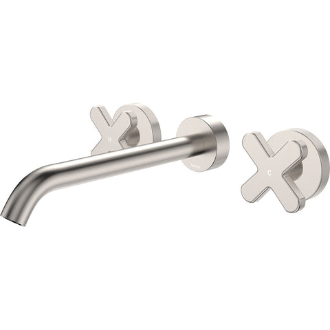 Fienza Kaya Cross Taps Wall Basin /Bath 220mm Outlet Set Lead Free Brushed Nickel 343102BN-220-LF