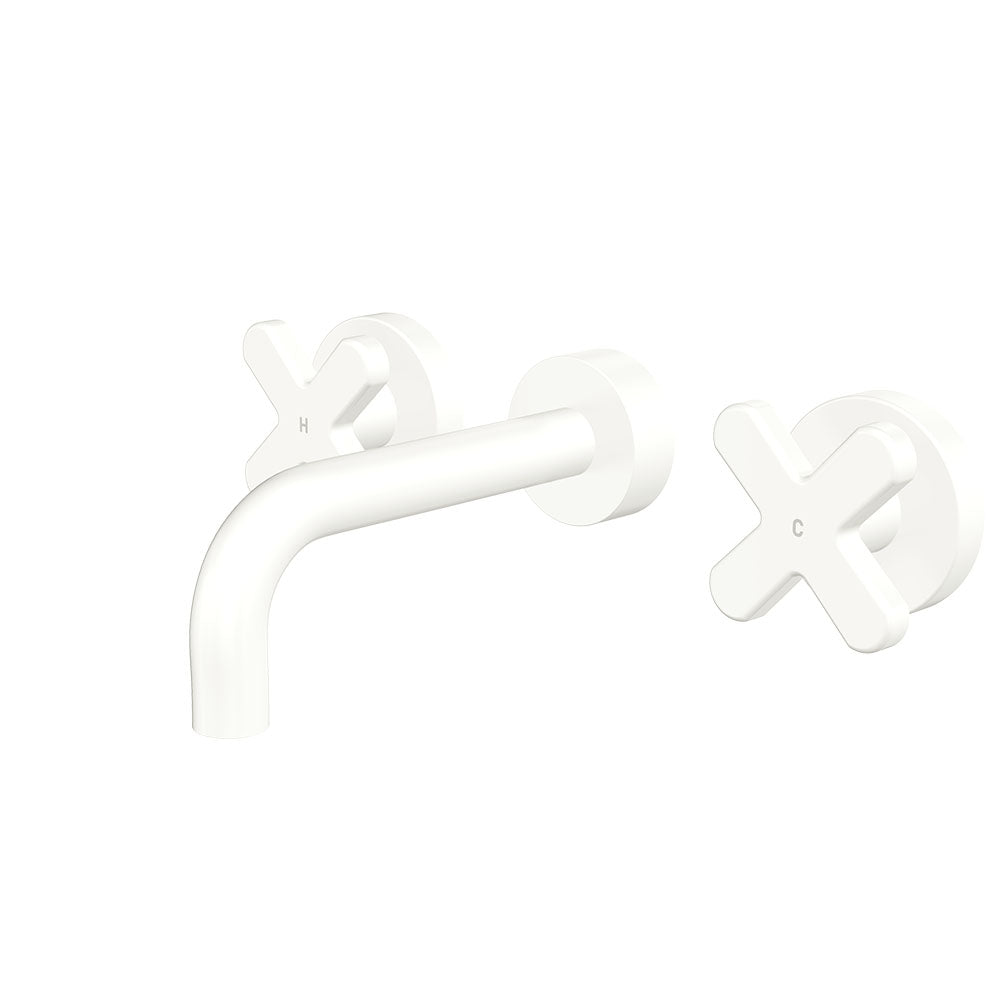 Fienza Kaya Cross Taps Wall Basin /Bath 130mm Outlet Set Lead Free Matte White 343102MW-130-LF
