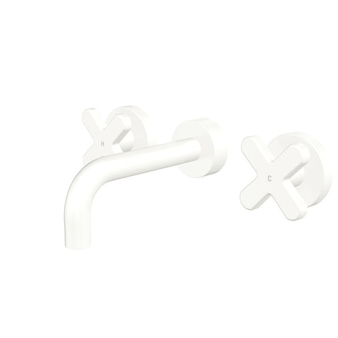Fienza Kaya Cross Taps Wall Basin /Bath 130mm Outlet Set Lead Free Matte White 343102MW-130-LF