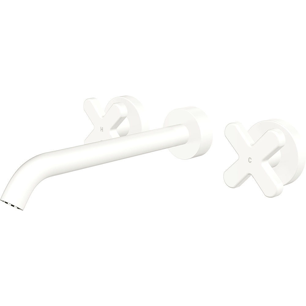 Fienza Kaya Cross Taps Wall Basin /Bath 220mm Outlet Set Lead Free Matte White 343102MW-220-LF