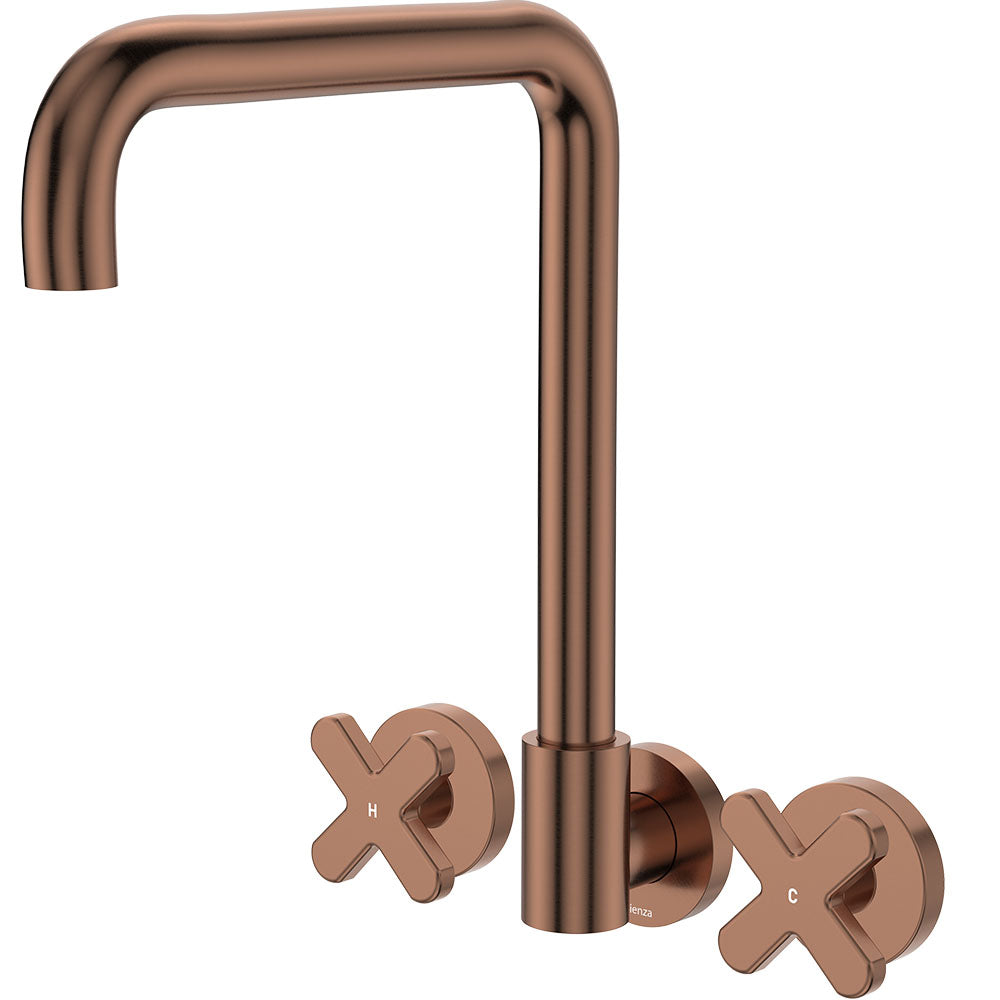 Fienza Kaya Cross Taps Squareline Wall Set Lead Free Brushed Copper 343105CO-LF