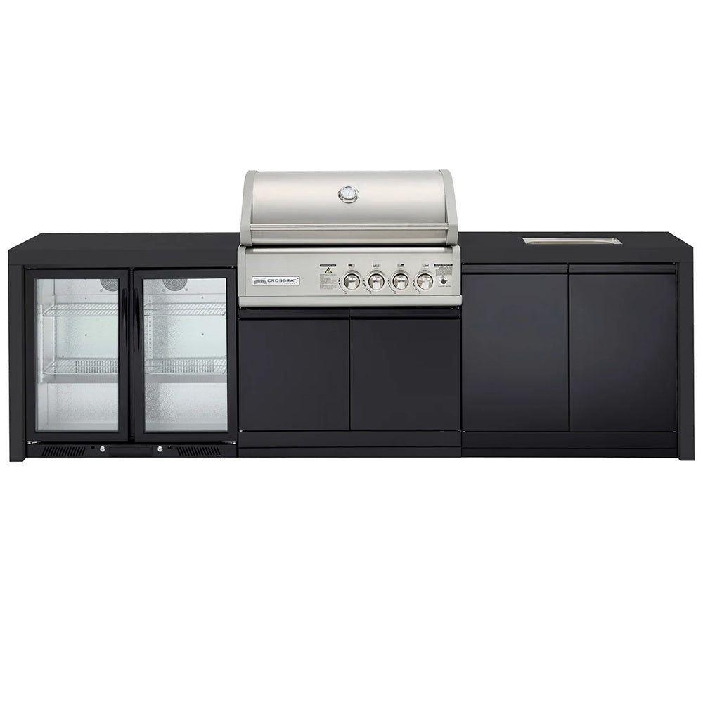Crossray Premium Outdoor Kitchen 4 Gas Burners w/ Sink & Double Fridge Black TC4KB-22