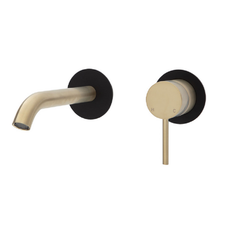 Fienza Kaya Basin/Bath Wall Mixer 160 Dress Kit Round Plate Urban Brass & Matte Black D228104UBB