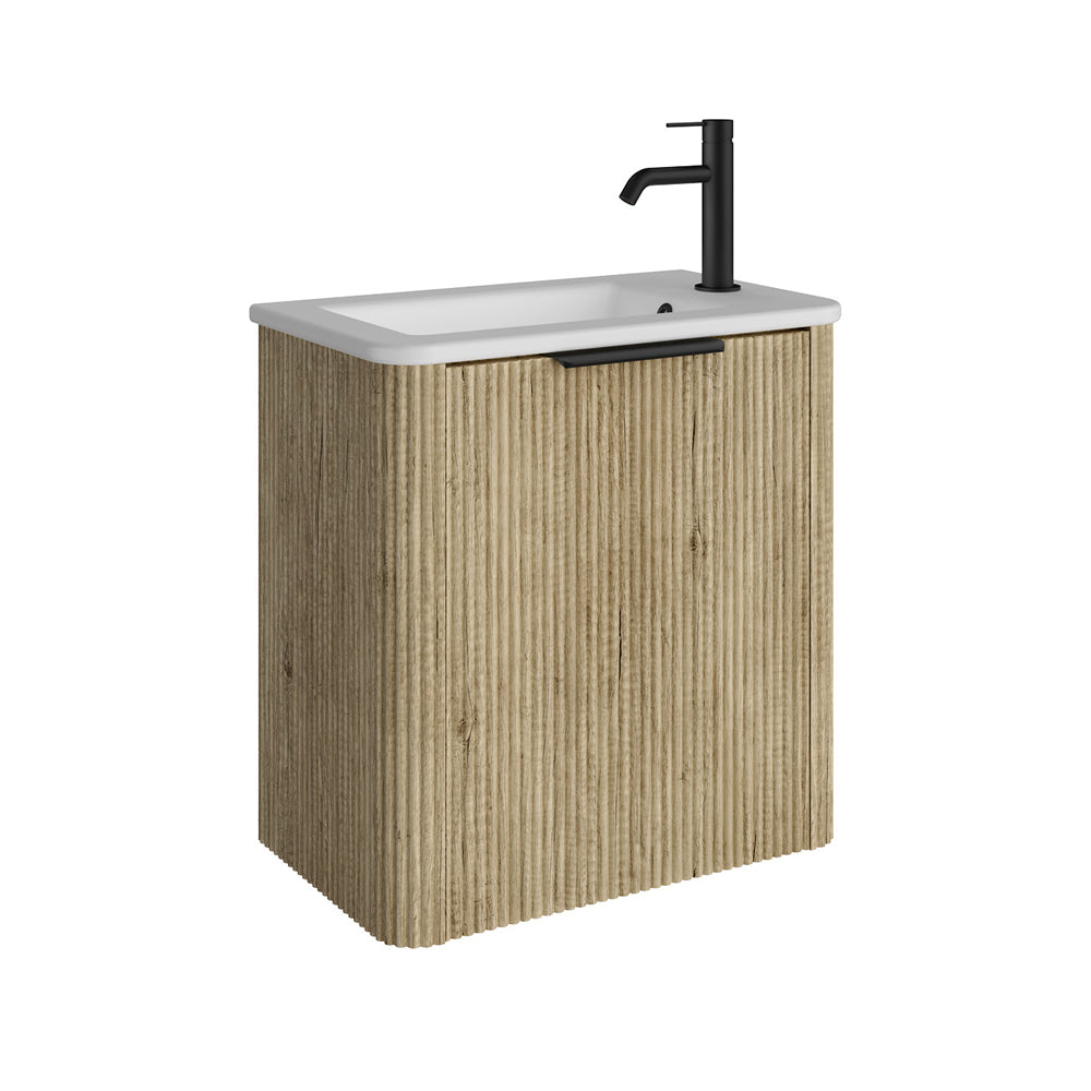 Fienza Minka Mini Curved Freestanding Vanity 550mm Scandi Oak w/ Ceramic Top (Right Hand Tap) 55USR