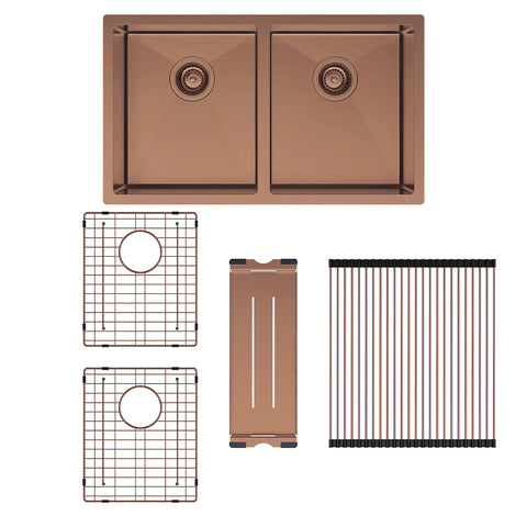 Fienza Hana Double Bowl Sink 55L Top/Undermount 760x450x200mm (Incl. Colander Roller Protector) Brushed Copper 68403CO-KIT