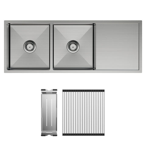 Fienza Hana Kitchen Sink Double Bowl with Drainer 29L/29L with Accessories Stainless Steel 68408-KIT