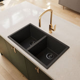 Fienza Kuro Granite Sink Double Bowl Top/Undermount (Incl. Waste) 787x457x240mm Matte Black 68603