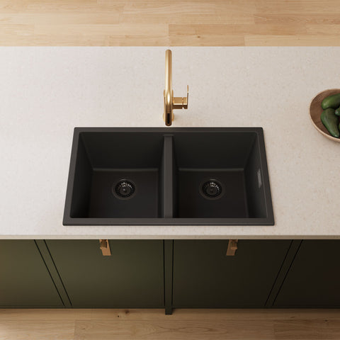 Fienza Kuro Granite Sink Double Bowl Top/Undermount (Incl. Waste) 787x457x240mm Matte Black 68603