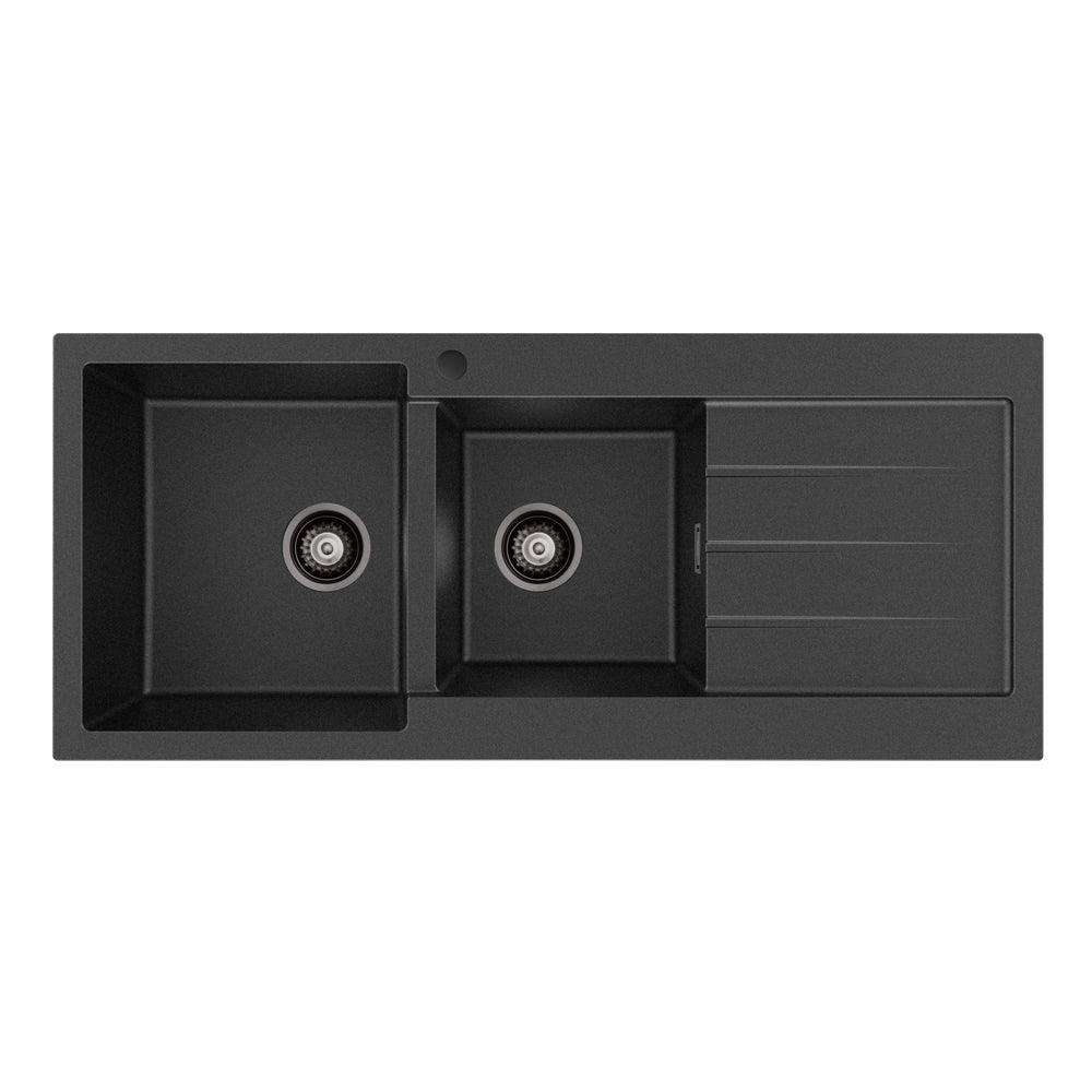 Fienza Kuro Granite Double Bowl Topmount Sink 1160mm (Left Hand) w/ Drainer & Waste (1 Taphole) Matte Black 68606L-1