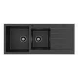 Fienza Kuro Granite Double Bowl Topmount Sink 1160mm (Left Hand) w/ Drainer & Waste (1 Taphole) Matte Black 68606L-1
