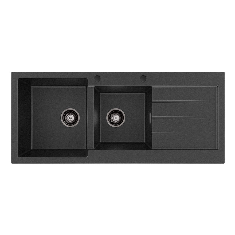 Fienza Kuro Granite Double Bowl Topmount Sink 1160mm (Left Hand) w/ Drainer & Waste (2 Taphole) Matte Black 68606L-2