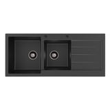 Fienza Kuro Granite Double Bowl Topmount Sink 1160mm (Left Hand) w/ Drainer & Waste (2 Taphole) Matte Black 68606L-2