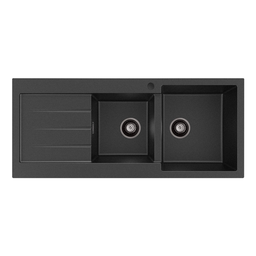 Fienza Kuro Granite Double Bowl Topmount Sink 1160mm (Right Hand) w/ Drainer & Waste (1 Taphole) Matte Black 68606R-1
