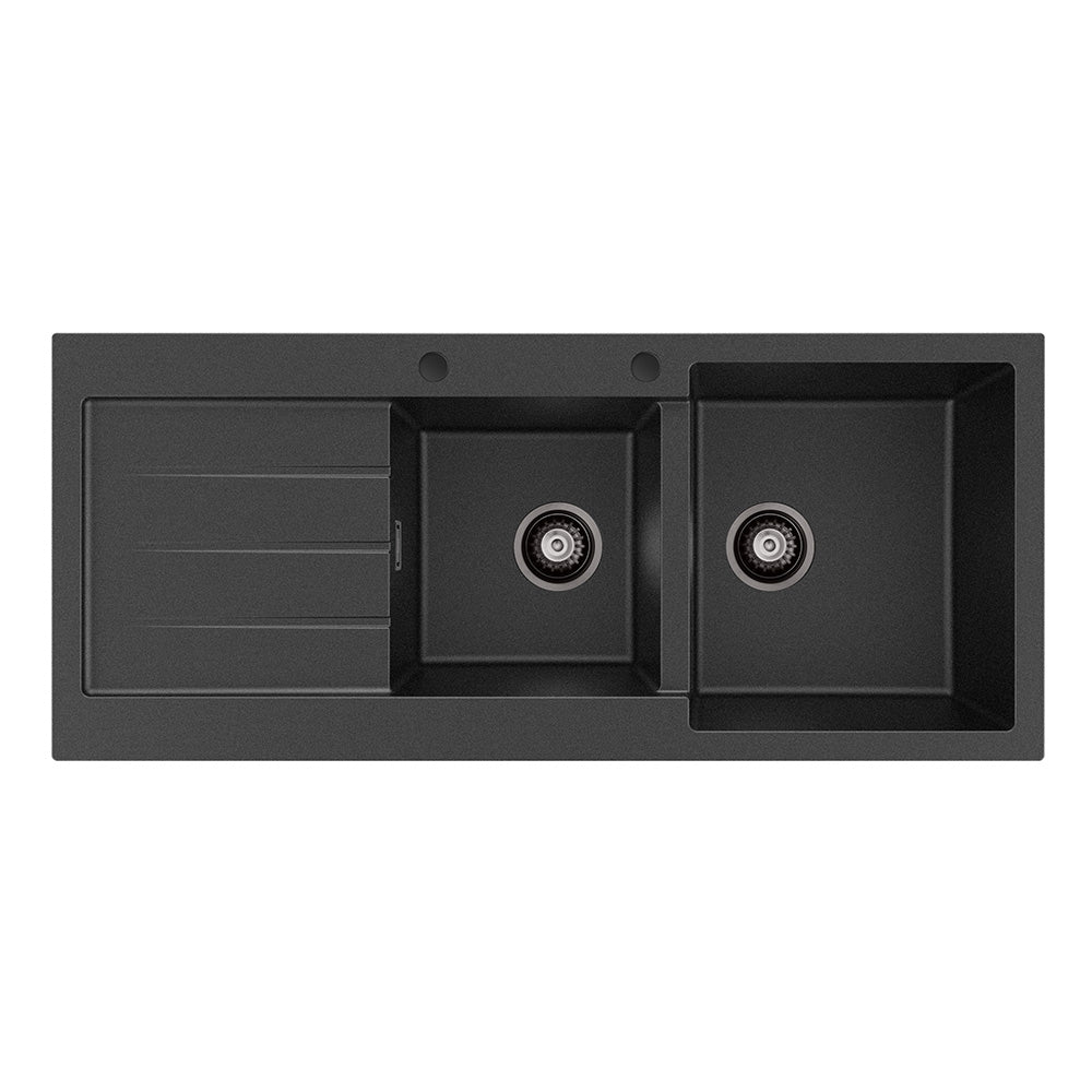 Fienza Kuro Granite Double Bowl Topmount Sink 1160mm (Right Hand) w/ Drainer & Waste (2 Taphole) Matte Black 68606R-2