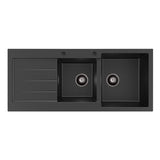 Fienza Kuro Granite Double Bowl Topmount Sink 1160mm (Right Hand) w/ Drainer & Waste (2 Taphole) Matte Black 68606R-2