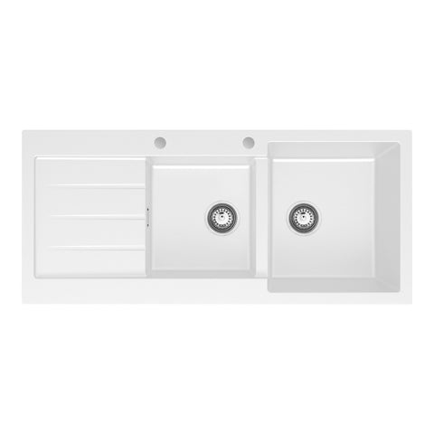 Fienza Kuro Granite Sink Double Bowl with Drainer Topmount (Right Bowl) 2TH 1160x500x200mm Matte White 68606WR-2