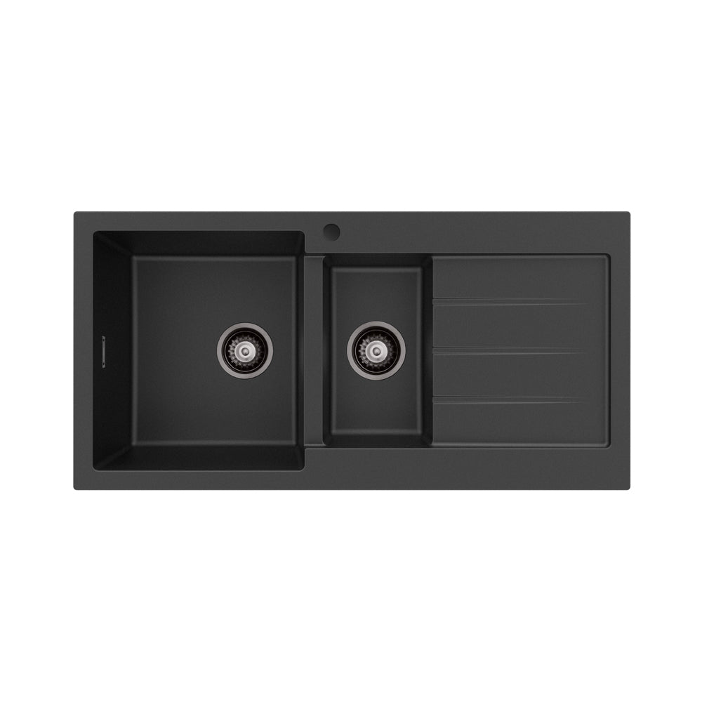 Fienza Kuro Granite Double Bowl Topmount Sink 1000mm (Left Hand) w/ Drainer & Waste (1 Taphole) Matte Black 68610L-1