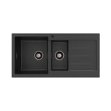 Fienza Kuro Granite Double Bowl Topmount Sink 1000mm (Left Hand) w/ Drainer & Waste (1 Taphole) Matte Black 68610L-1