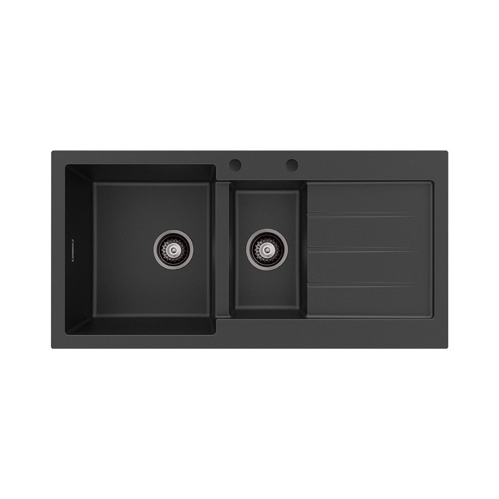 Fienza Kuro Granite Double Bowl Topmount Sink 1000mm (Left Hand) w/ Drainer & Waste (2 Taphole) Matte Black 68610L-2