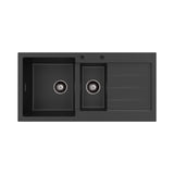 Fienza Kuro Granite Double Bowl Topmount Sink 1000mm (Left Hand) w/ Drainer & Waste (2 Taphole) Matte Black 68610L-2