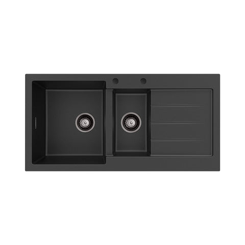 Fienza Kuro Granite Double Bowl Topmount Sink 1000mm (Left Hand) w/ Drainer & Waste (2 Taphole) Matte Black 68610L-2