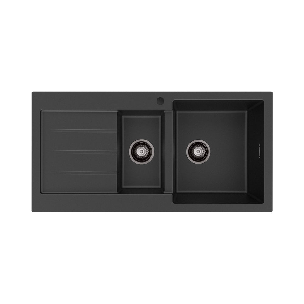 Fienza Kuro Granite Double Bowl Topmount Sink 1000mm (Right Hand) w/ Drainer & Waste (1 Taphole) Matte Black 68610R-1